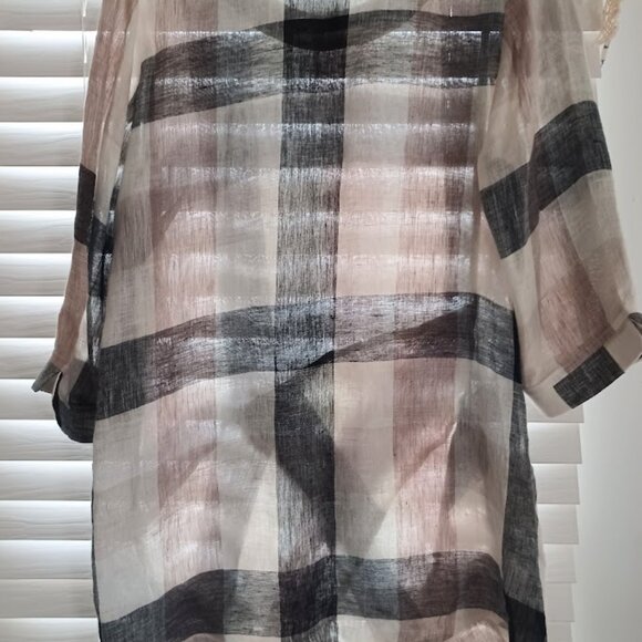 Helen’s Heart 100% Linen Plaid Tunic Top Women’s M Beige Black Gray Asymmetrical - Picture 6 of 8